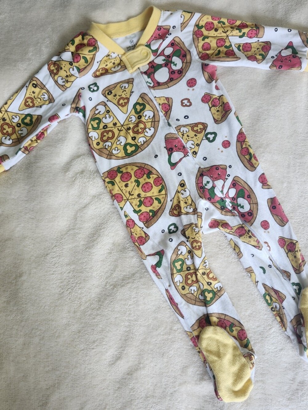 The Honest Company White Footie One-Piece with Yellow Trim & Pizza Print